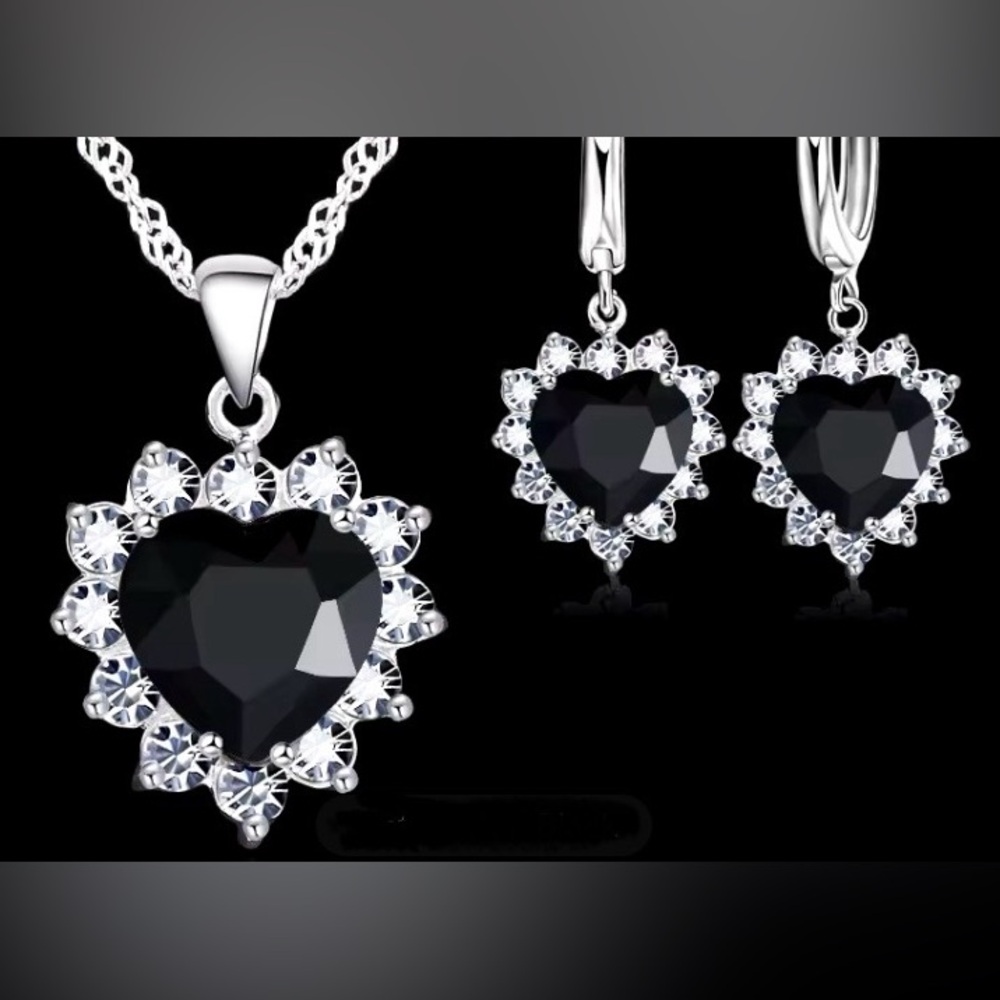 Sterling Silver Cubic Zirconia Black Heart Earrings Necklace Set